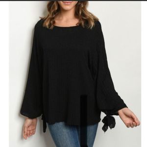 Black Long Sleeved Semi Sheer Ribbed Striped Top
